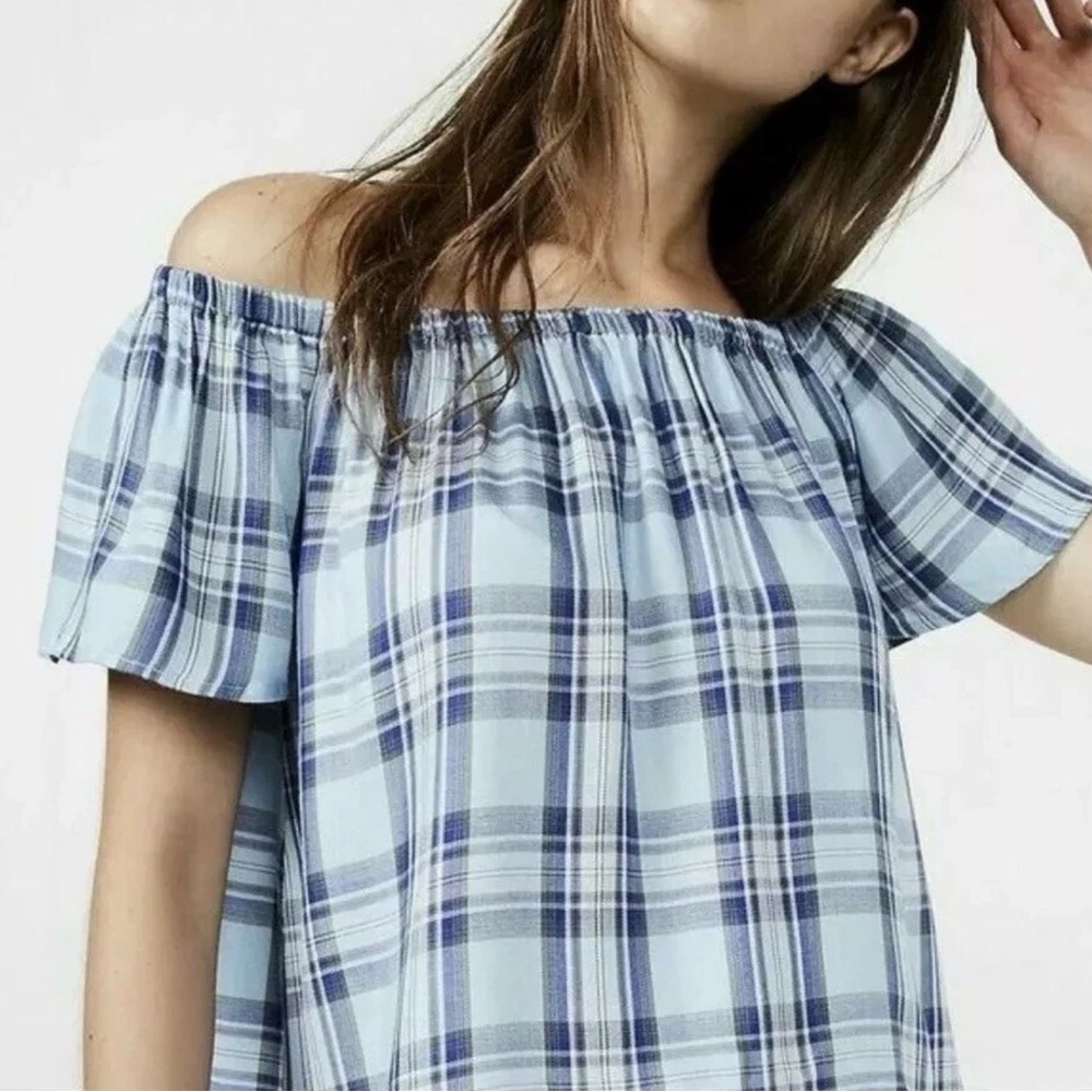 Express Light Blue Plaid Off-Shoulder Blouse